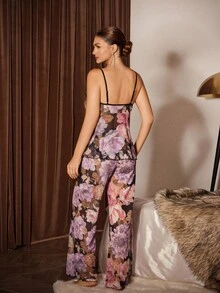 Slumberist Bộ đồ ngủ áo hai dây và áo choàng in hoa thời trang dành cho nữ - màu đen - Xem 7