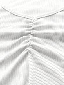 ROMWE V-Neck Casual Slim Fit Ribbed Long Sleeve T-Shirt - White - View 4