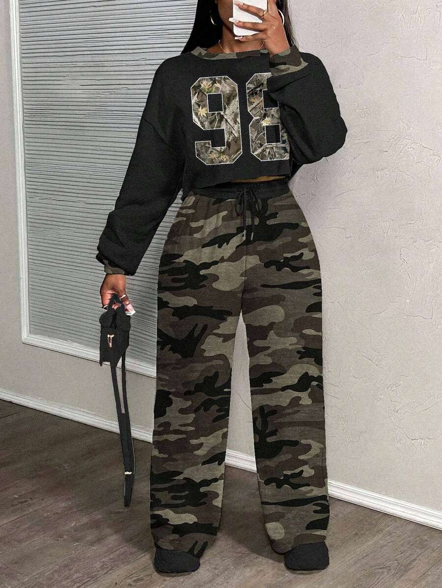 Slaydiva Haine de toamnă pentru femei/Haine de iarnă pentru femei/Îmbrăcăminte sport lejeră/Haine Y2K/Strat/Set de două piese pentru femei/Înapoi la școală/Stradă casual/Potrivit pentru hip hop/Grafică de camuflaj nr. 98 - Multicolor - Vizualizare 1