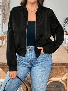 SHEIN Essnce Áo khoác bomber xanh lá cây cỡ lớn dành cho nữ mùa thu thời trang mới công sở thường ngày cho phụ nữ mùa thu quần áo nữ tay dài cho phụ nữ mùa thu áo khoác cho phụ nữ thường ngày đi làm - màu đen - Xem 1