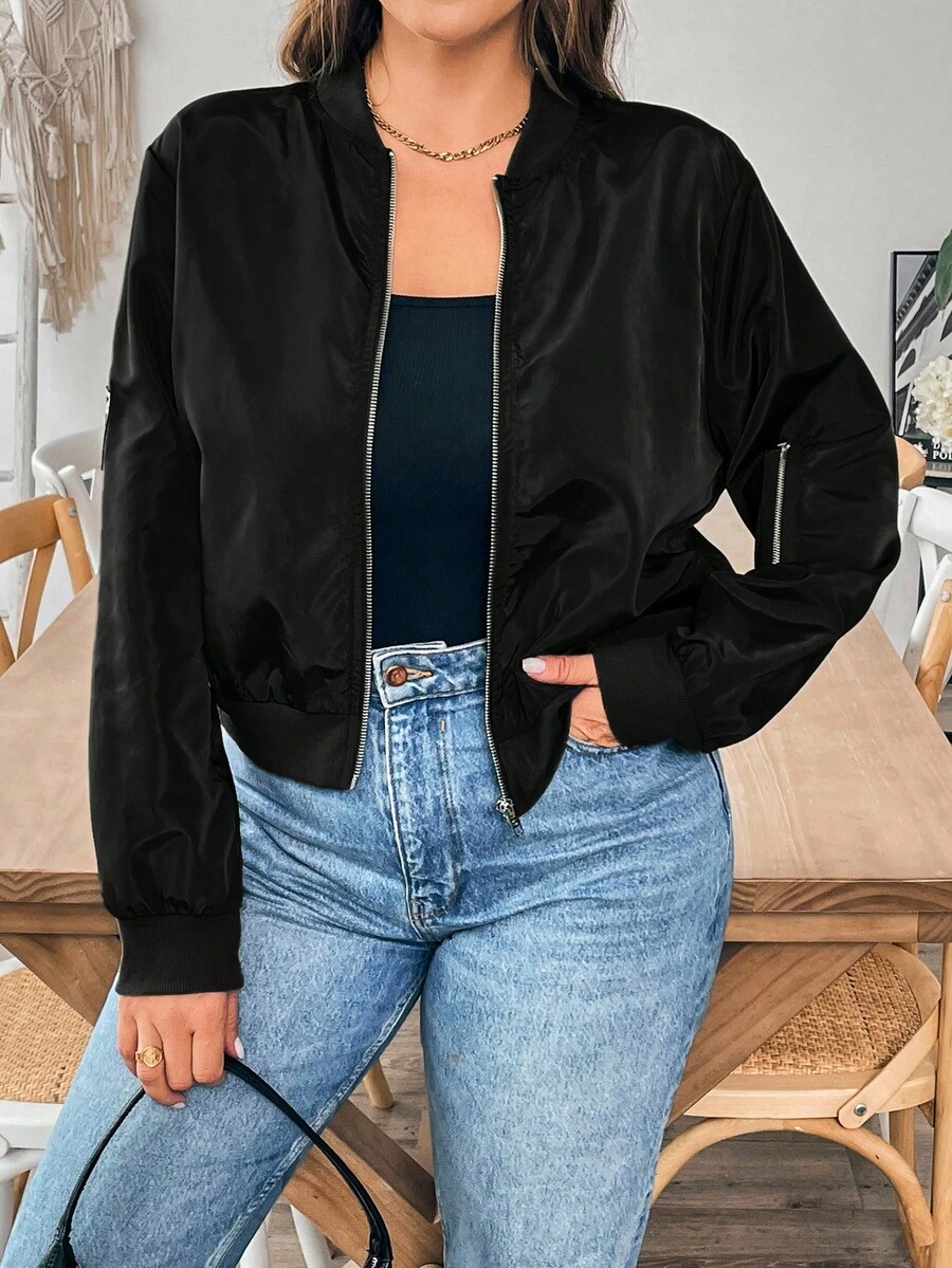 SHEIN Essnce Áo khoác bomber xanh lá cây cỡ lớn dành cho nữ mùa thu thời trang mới công sở thường ngày cho phụ nữ mùa thu quần áo nữ tay dài cho phụ nữ mùa thu áo khoác cho phụ nữ thường ngày đi làm - màu đen - Xem 1