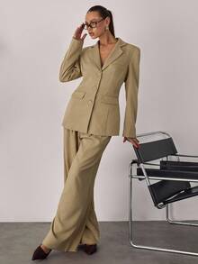 SHEIN BAE Áo khoác blazer nữ đơn giản, cổ khoét chữ V, cài một hàng khuy, mùa thu - Màu vàng - Xem 3