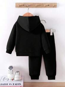 1 套年轻女孩休闲时尚舒适简约百搭创意可爱脸和心形图案长袖连帽衫和运动裤套装，秋冬 - 黑色 - 查看 2