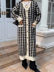 DAZY Cardigan long décontracté en tricot à manches longues avec poches et épaules tombantes, motif pied-de-poule, automne/hiver pour femmes - Noir - Voir 3