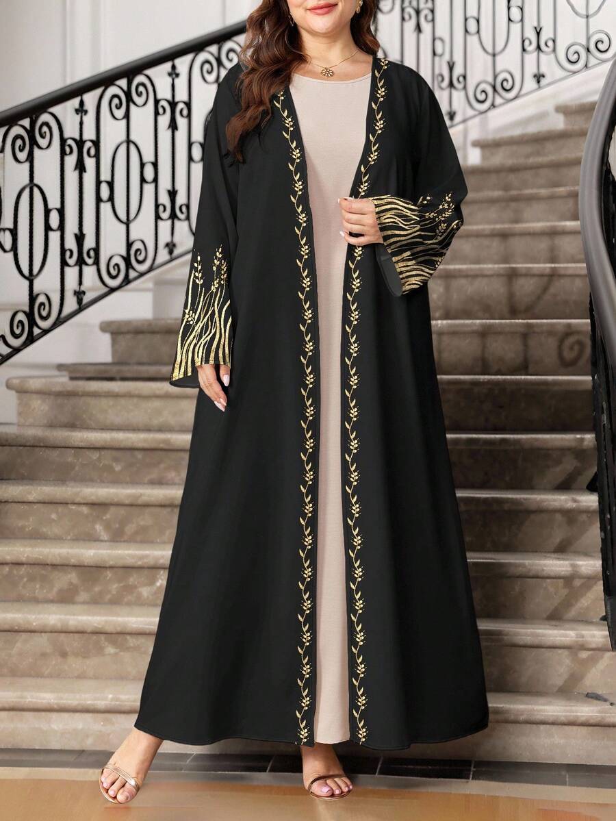 SHEIN Najma Áo choàng Abaya Ả Rập dài tay họa tiết hoa tai lúa mì vàng cỡ lớn dành cho nữ, mùa xuân/thu - Nhiều màu - Xem 1