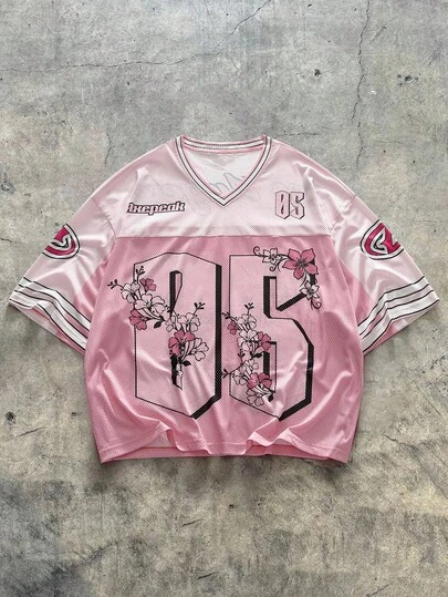 AXEPEAK Camiseta de verano informal con bloques de color, estampado floral y letras para hombres de talla grande