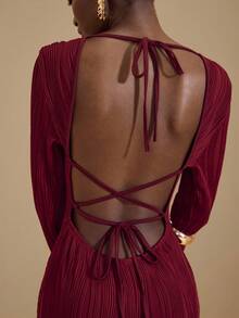 JIAN LASALA Burgundy Textured Knit Square Neck Backless Tie-Up Mermaid Hem Fitted Dress Women Elegant Dark Red Dress Maroon Dress Burgundy Dress Open Back Dresses Red Wine Dress Luxury Stylish Clothing Collection - Burgundy - View 2