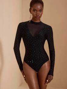 JIAN LASALA Tuta nera con collo alto, maglia luccicante, trasparente in rete, maniche lunghe, sexy, per feste, tuta casual a maniche lunghe da donna, tuta con paillettes, tuta da donna con paillettes, collezione di abbigliamento elegante e alla moda