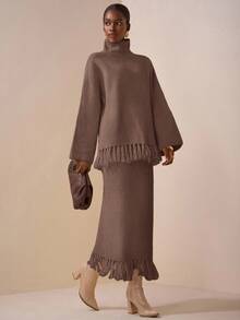 Zivah 2025新款秋季 秋冬休闲 简约 街头 日常 约会 生日 派对 旅行季 保暖 优雅 通勤 上班族 网红 高领 露肩 长袖 流苏下摆 宽松长款毛衣+紧身裙 长裙 直筒裙 半裙 流苏套装 白色毛衣套装 女士毛衣两件套-B - 摩卡棕 - 查看 4