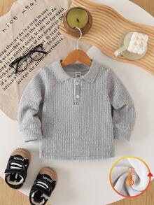 SHEIN 男婴休闲纯白色长袖纽扣领 Polo 衫，春秋季 - 灰色 - 查看 1