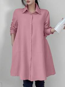 SHEIN Unity Áo sơ mi dài tay màu trơn rộng rãi thoải mái mùa xuân/hè cho nữ, áo dài tay - Bụi hồng - Xem 5