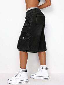 SHEIN ICON 女士多口袋宽松阔腿五点式牛仔短裤 - 黑色 - 查看 4