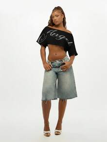 SUMWON WOMEN 水钻文字露肩短款上衣 毛边休闲夏季节日派对时尚个性短款 T 恤 - 黑色 - 查看 7