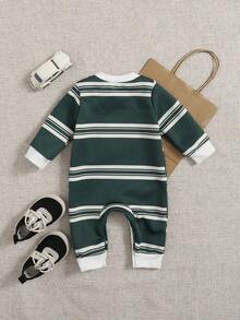 SHEIN Playful Pals 男婴休闲罗纹圆领条纹刺绣长袖连体衣，秋冬季