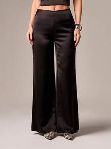 AiiRZ Wide Leg Party Pants Satin Evening Trousers Silky Wedding Reception Formal Palazzo Pants Party Evening Special Occasion High Rise - Black - View 1