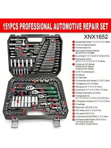 46 件棘轮扳手套装，男士工具套件，含六角扳手和套筒，工具箱，汽车机械工具，1/4 英寸驱动，公制，带延长杆，紧凑型多用途解决方案，适用于自行车和摩托车维护、汽车维修和家庭使用，钢板结构，预组装，手动，带储物盒 - 顏色款式隨機 - 查看 2