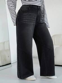 SHEIN PETITE CURVE Jeans de tela térmica para mujer de talla grande, de ajuste holgado con bolsillos, pernera ancha, de estilo casual, color negro, de corte relajado y talla grande para mujer, pantalones vaqueros cómodos - Negro - Ver 6