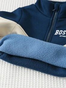 Cozy Pixies 2件套男婴拼色字母印花圆领长袖半拉链连帽衫和松紧腰慢跑裤套装 - 寶藍色 - 查看 4