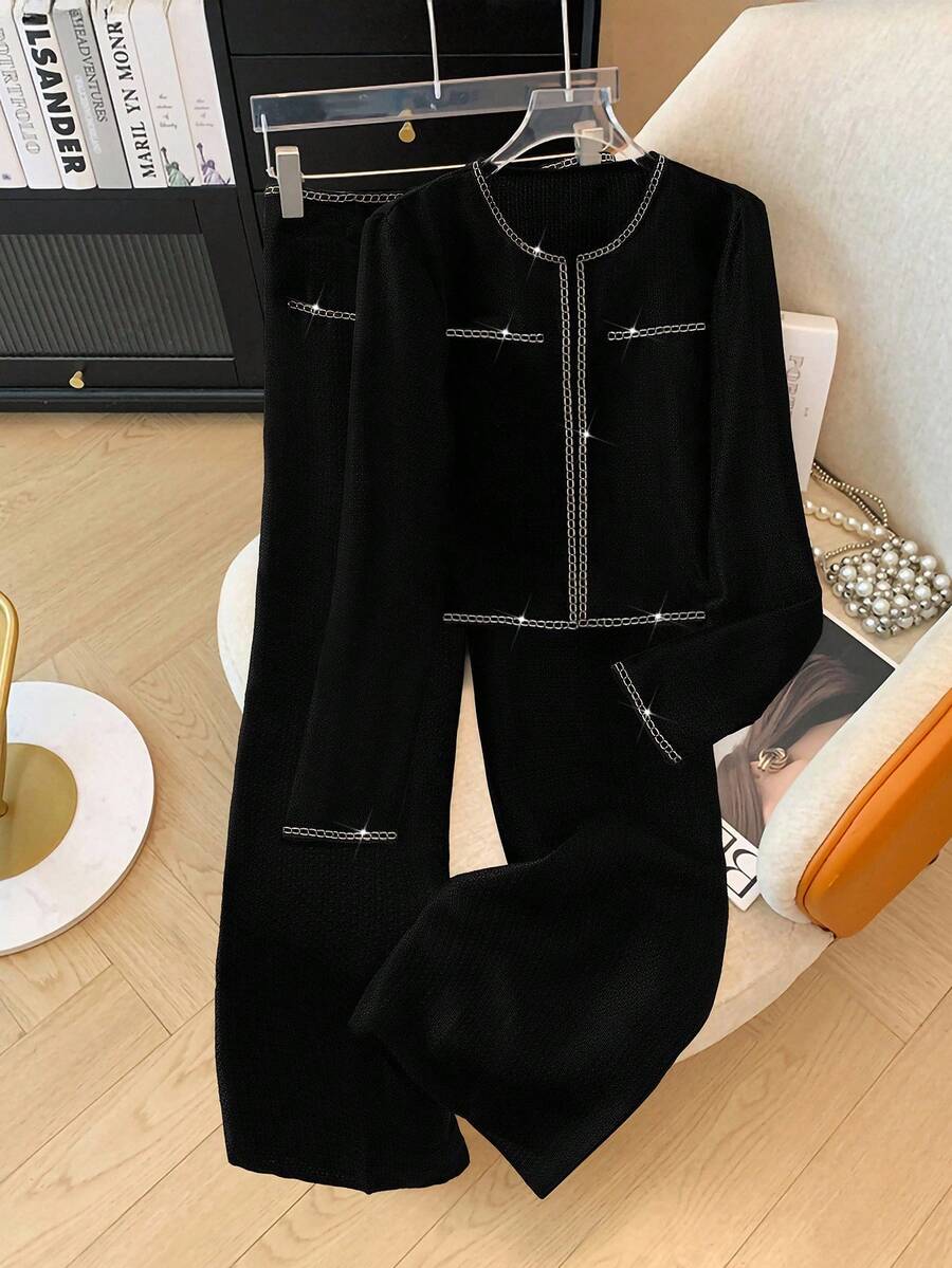 GlowEve CURVE Bộ 2 món cho nữ ngoại cỡ: Áo khoác dài tay hở phía trước và quần ống rộng cạp cao - màu đen - Xem 1