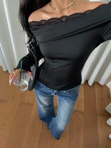 Siren Gaze Damen Schwarz Spitze Patchwork Off-Shoulder Langarm Figurbetontes T-Shirt, Herbst/Winter - Schwarz - Übersicht 1