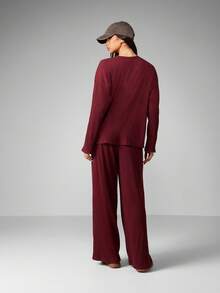 MISSGUIDED 罗纹针织纽扣细节家居服阔腿裤套装舒适秋冬家居服长袖 - 鏽棕色 - 查看 2