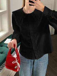 SHEIN 优雅蕾丝边领口长袖黑色衬衫，适合少女毕业季穿着 - 黑色 - 查看 6