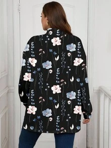 EMERY ROSE Plus Size Retro Floral Pattern High Collar Drop Shoulder Slit T-Shirt Winter Clothing Going Out New Women's Clothing Festival Wear - Multicolor - View 4
