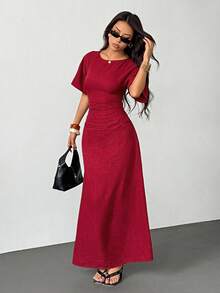 SHEIN PETITE 女式夏季纯色亚麻混纺休闲优雅连衣裙， - 紅木色 - 查看 4