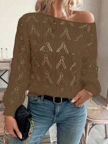 SHEIN LUNE Sweater Pullover Longgar Bermotif Bunga Berongga dengan Bahu Terbuka, Gaya Liburan Kasual - Coffee Brown - View 5