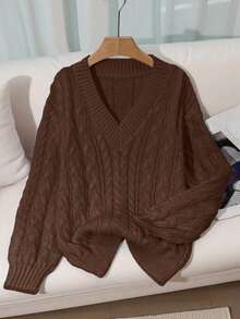 Franclia 全新宽松柔软甜美粉色休闲设计 V 领粗针织套头衫，适合女士，百搭 - 咖啡棕 - 查看 3
