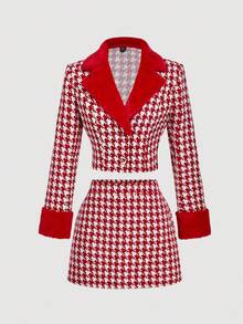 SHEIN MOD 撞色领红白格子短款西装外套和迷你裙套装 - 紅白色 - 查看 9