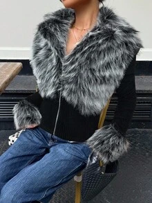 Muchica 女式时尚街头风格黑色仿皮草拉链长袖夹克，秋冬 - 黑色 - 查看 5