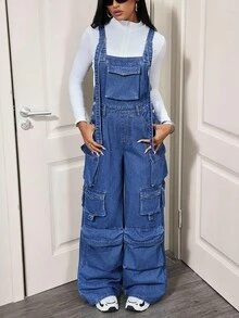 SHEIN Tall 纯色宽肩带口袋休闲宽松牛仔连体裤 - 深色水洗藍 - 查看 1