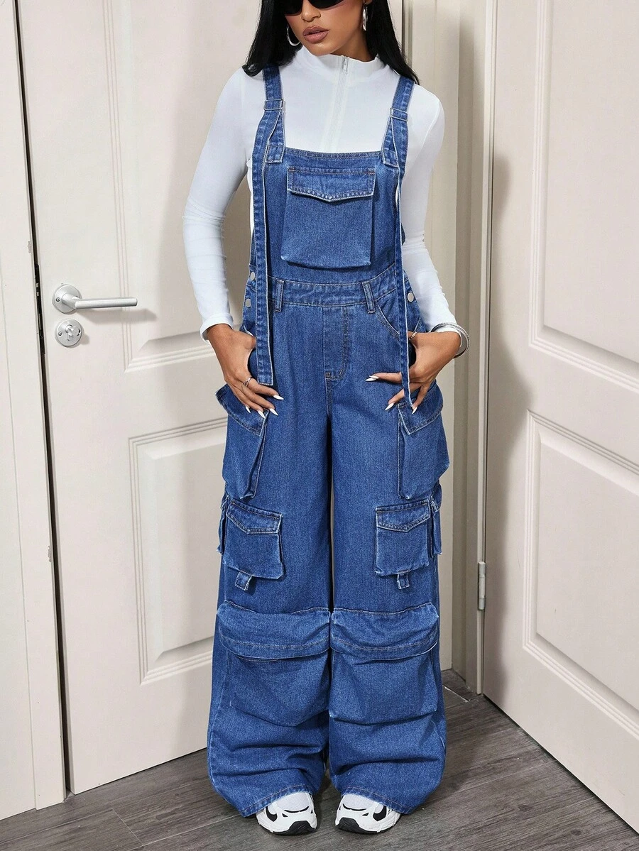 SHEIN Tall 纯色宽肩带口袋休闲宽松牛仔连体裤 - 深色水洗藍 - 查看 1