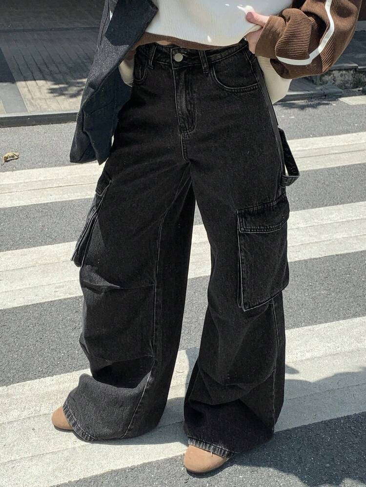 Casual Street Style Cargo Pants With Large Pockets, Women Jeans Y2k