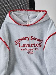 Sweat-shirt à capuche ample et décontracté pour adolescentes avec graphiques et broderie de fleurs en coquillage, manches longues