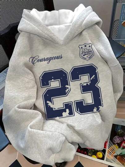 SHEIN Teen Girls Casual Minimalist Sports Style Back To School Collegiate Letter Number 23 Badge Print Sweatshirt, Loose Fit Comfortable Sweatshirt For Autumn/Winter Youth Sweatshirts Y2k Girls Grey Sweatshirts 11 12 Boys Sweatshirt 12