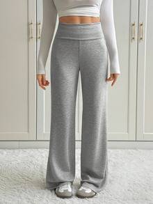 SHEIN Tall Pantalones anchos de pierna ancha con cintura plegable de unicolor para mujer, pantalones de chándal casuales a juego para otoño e invierno - Gris - Ver 1