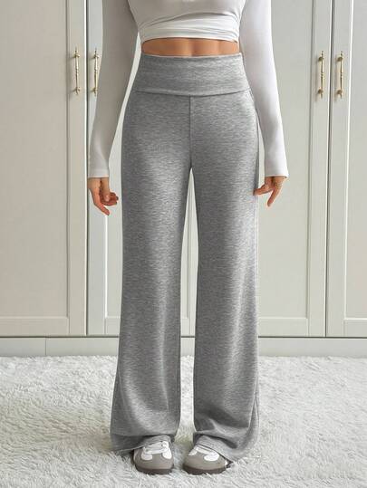 SHEIN Tall 女士纯色翻边腰阔腿宽松休闲裤运动裤，秋冬百搭家居服