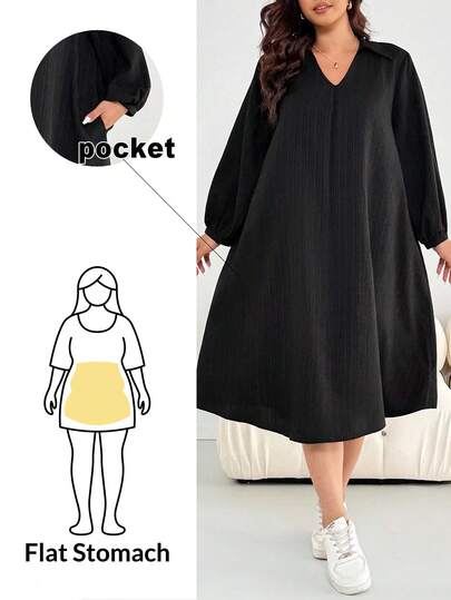 SHEIN Essnce Plus Size Women's Autumn And Winter Fashion Casual Loose Comfortable Daily V-Neck Textured Fabric Long Sleeve Black Mid-Length Dress With Pockets,Fall Outfits,Curve Dress,Work Dress,Simple Style
