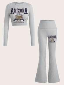 Slaydiva 2件套女士休闲简约圆领长袖短款褶饰上衣和阔腿/喇叭裤套装 - 淺灰色 - 查看 2