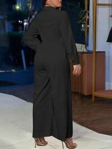 INAWLY Plus Size Women Casual Solid Color Jumpsuit With Front Opening - Black - View 2