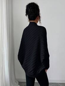 Elenzga 女式卡其色休闲套头开衫，复古风，适合节日、独立日、音乐会、办公室、约会、职业装，蝙蝠翼廓形，中长款，优雅百搭针织毛衣，秋冬 - 黑色 - 查看 2