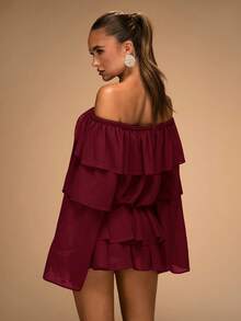 SHEIN BAE Vestido elegante de mujer de unicolor con hombros descubiertos y volantes en el bajo, otoño - Burdeos - Ver 2