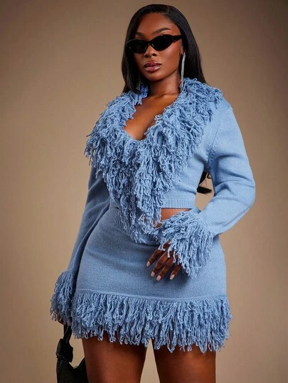 Radiana Plus Size Women Elegant Tasseled Collar Knit Cardigan And Tasseled Hem Knit Skirt Sweater Set Autumn Winter Clothes For Women