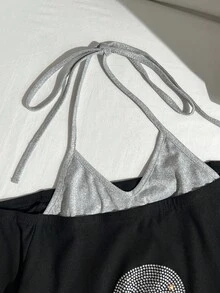 Elamini Women's 2 In 1 Rhinestone Skull Patchwork Camisole Long Sleeve. Gothic And Y2K Style. Autumn. Halloween Essentials. - Black - View 5