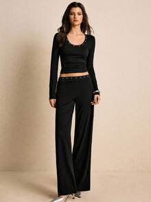 Poéselle Women's Casual Metal Eyelet Fitted Long Sleeve U-Neck Top, Autumn Black Crop Top Women