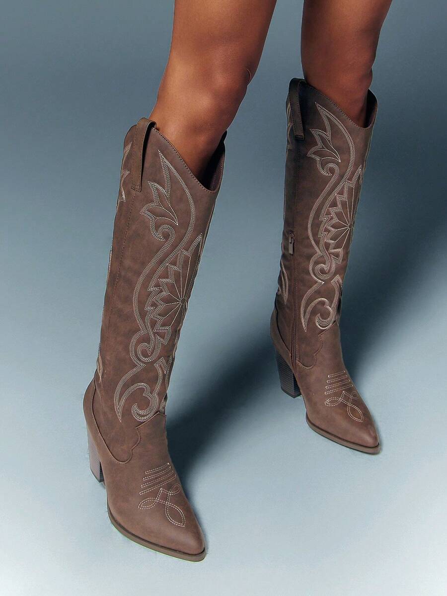 Denimoi #WesternClassic Women's Retro Embroidery Pattern Snip Toe Block Heel Knee High Nub Brown Cowboy Boots-Sleek Silhouette With Timeless Rodeo Appeal For Christmas - Brown - View 1