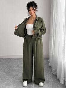 Elenzga 大码女式法式浪漫西西里优雅休闲通勤度假纯棕色衬衫领隐形门襟松紧下摆长袖衬衫 + 松紧腰工装裤套装，春/秋/冬 - 軍綠色 - 查看 7