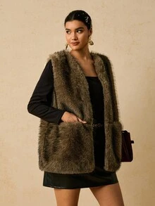 SHEIN VCAY Plus Size Elegant Dual-Tone Faux Fur Vest Jacket For Women, With Pockets, Autumn/Winter